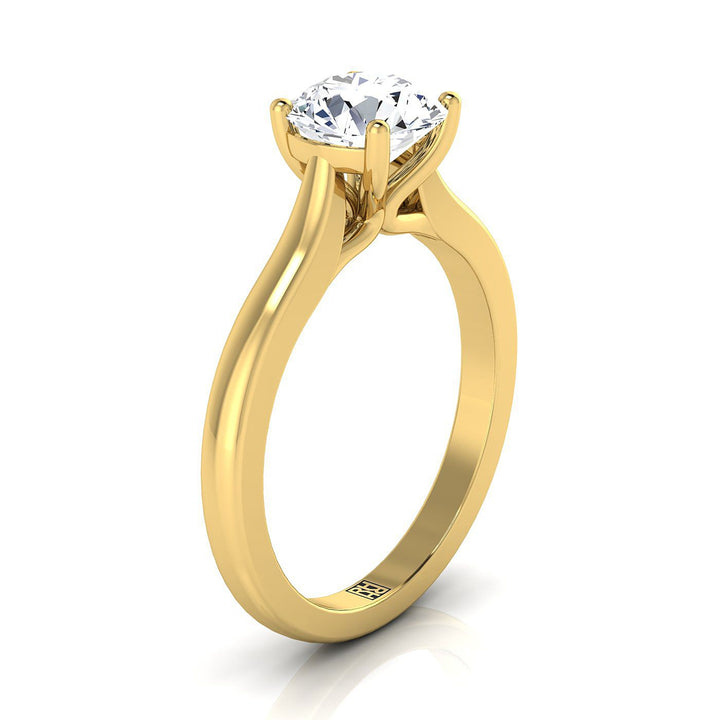 Round Brilliant, Comfort Fit Cathedral Solitaire, in 18K Yellow Gold – side profile | RockHer