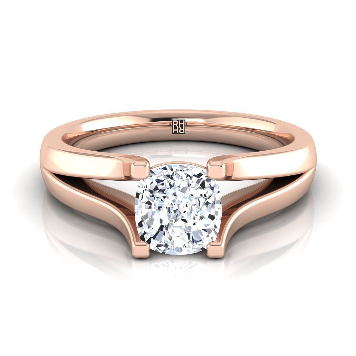 Modern Wide Split Shank Solitaire Cushion, in 14K Rose Gold, prong setting | RockHer