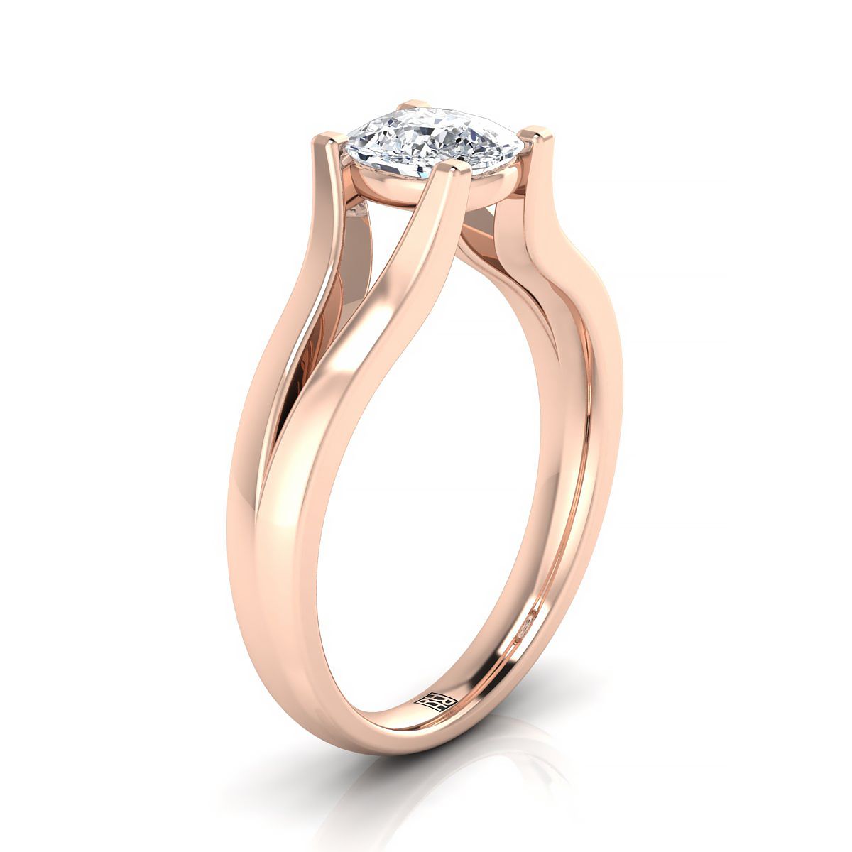 Modern Wide Split Shank Solitaire Cushion, in 14K Rose Gold, prong setting – side profile | RockHer