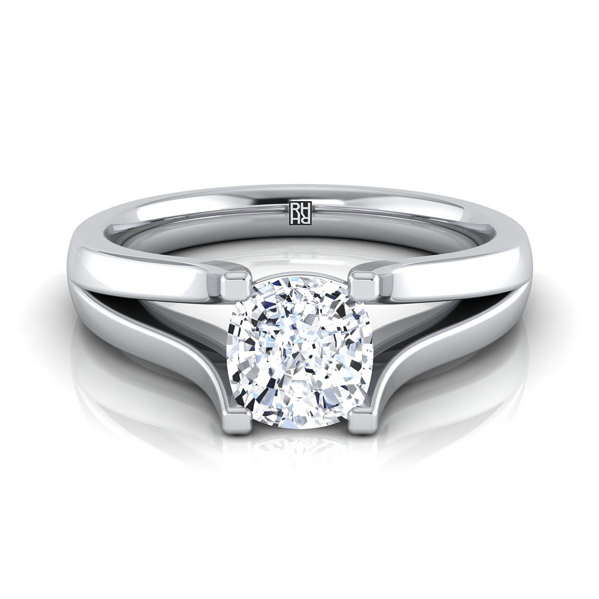 Modern Wide Split Shank Solitaire Cushion, in 18K White Gold | RockHer