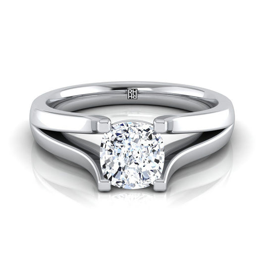 Modern Wide Split Shank Solitaire Cushion, in 18K White Gold | RockHer