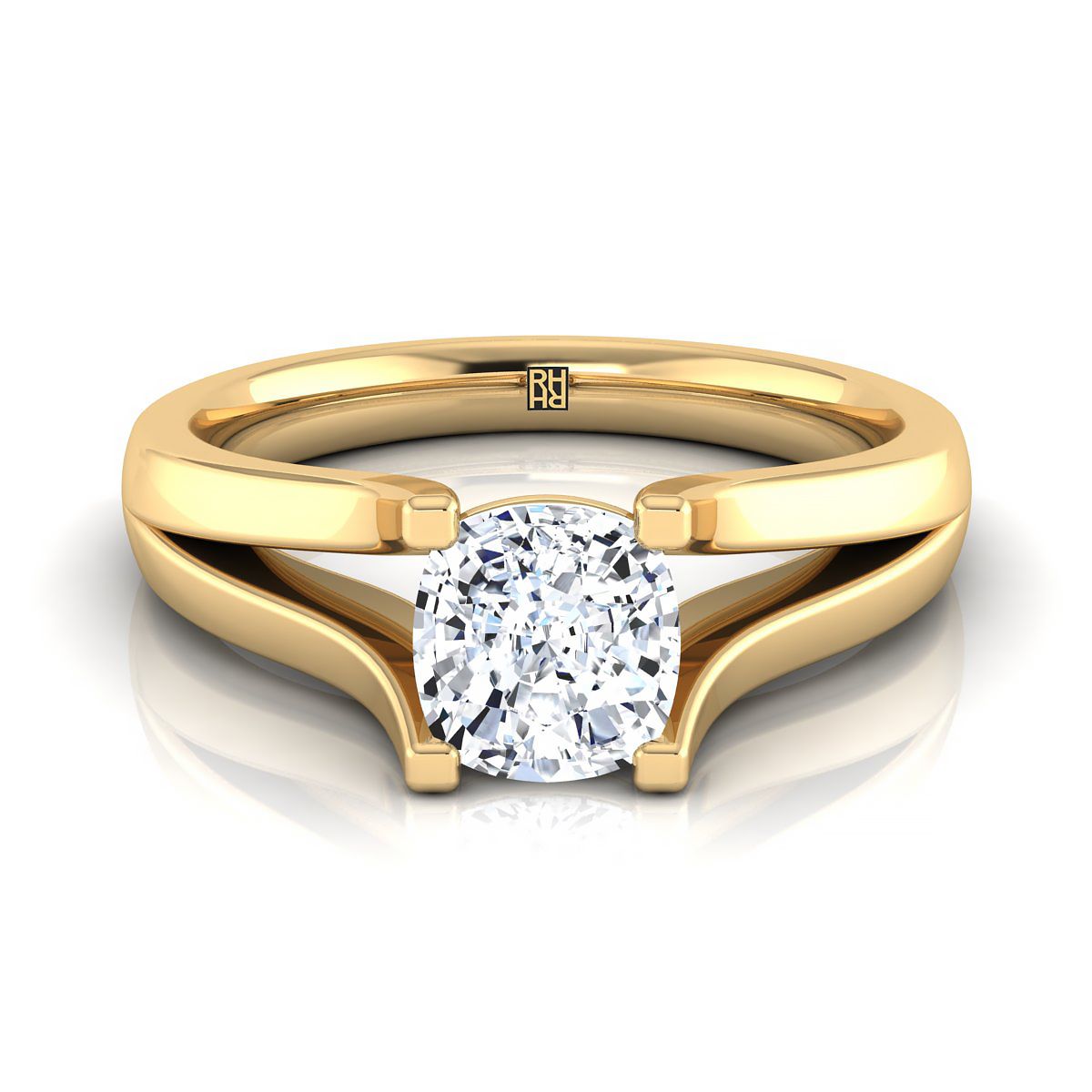 Modern Wide Split Shank Solitaire Cushion, in 18K Yellow Gold | RockHer