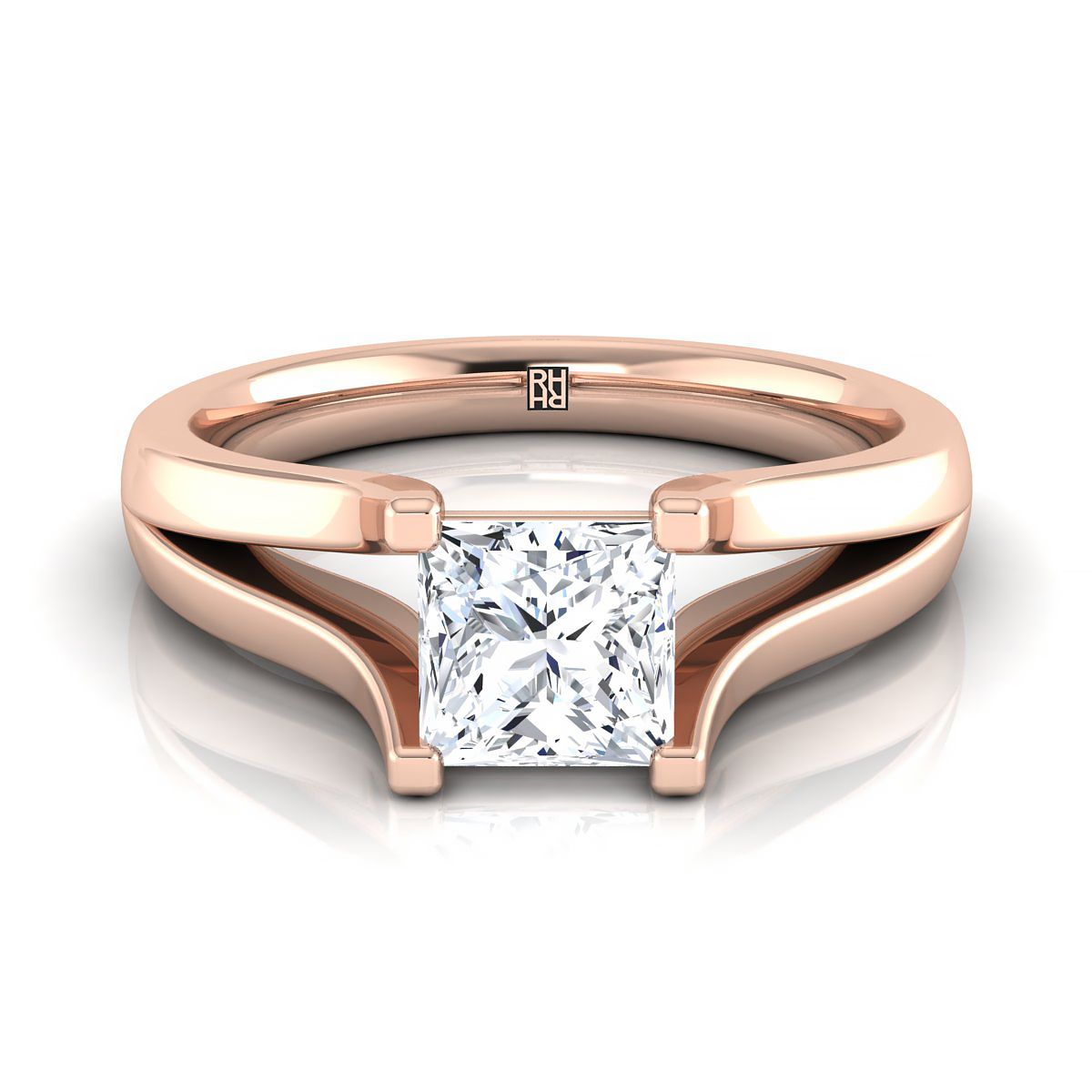 Modern Wide Split Shank Solitaire Princess, in 14K Rose Gold, prong setting | RockHer