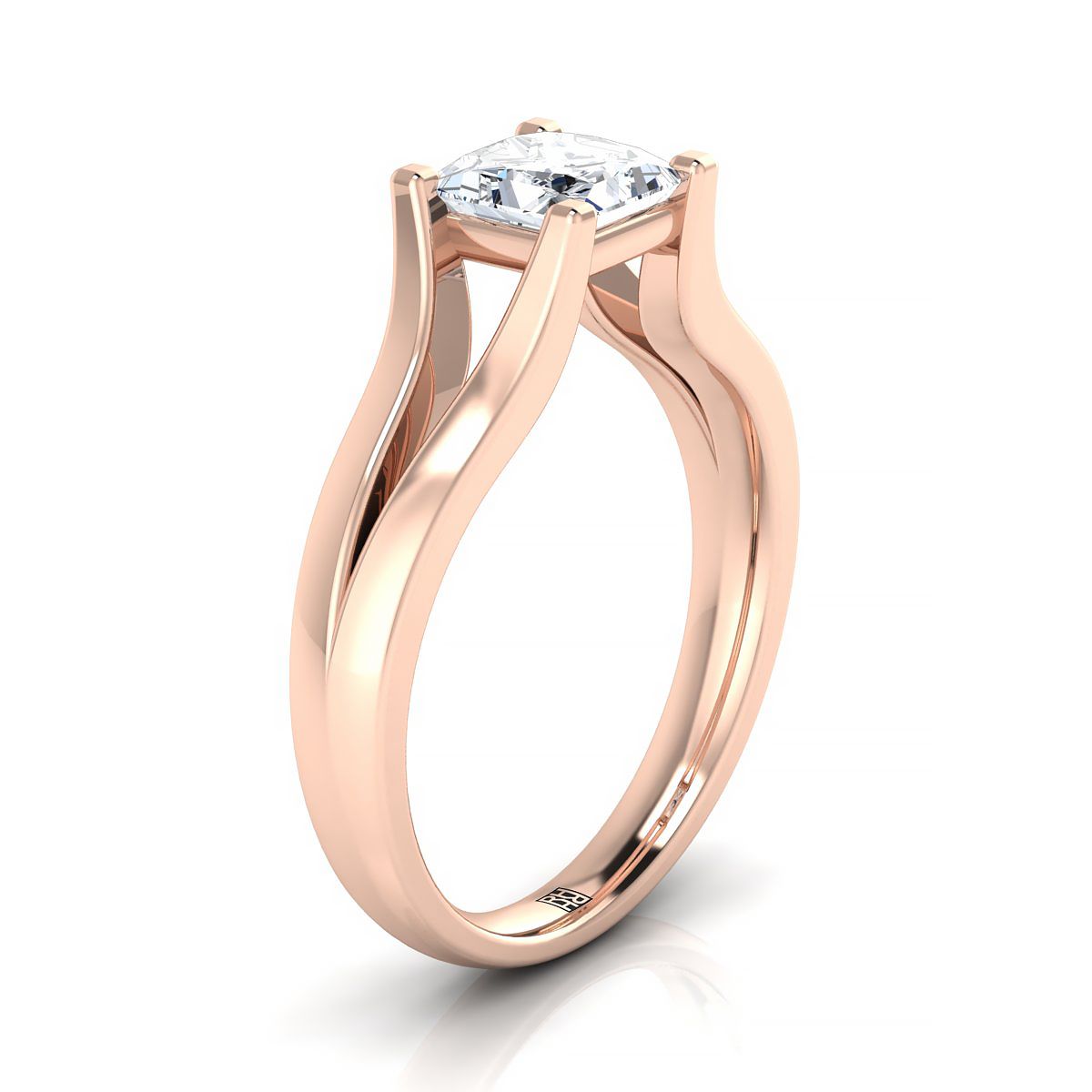 Modern Wide Split Shank Solitaire Princess, in 14K Rose Gold, prong setting – side profile | RockHer