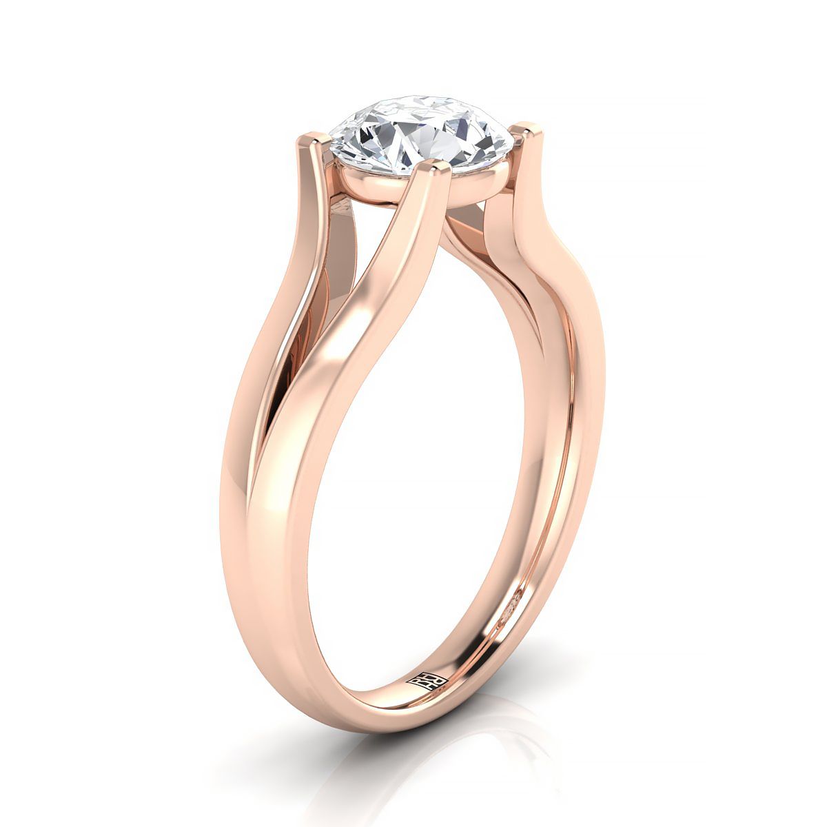 Round Brilliant, Modern Wide Split Shank Solitaire, in 14K Rose Gold, prong setting – side profile | RockHer