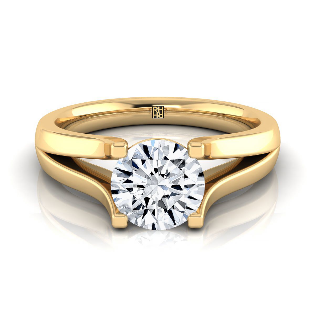 Round Brilliant, Modern Wide Split Shank Solitaire, in 18K Yellow Gold | RockHer