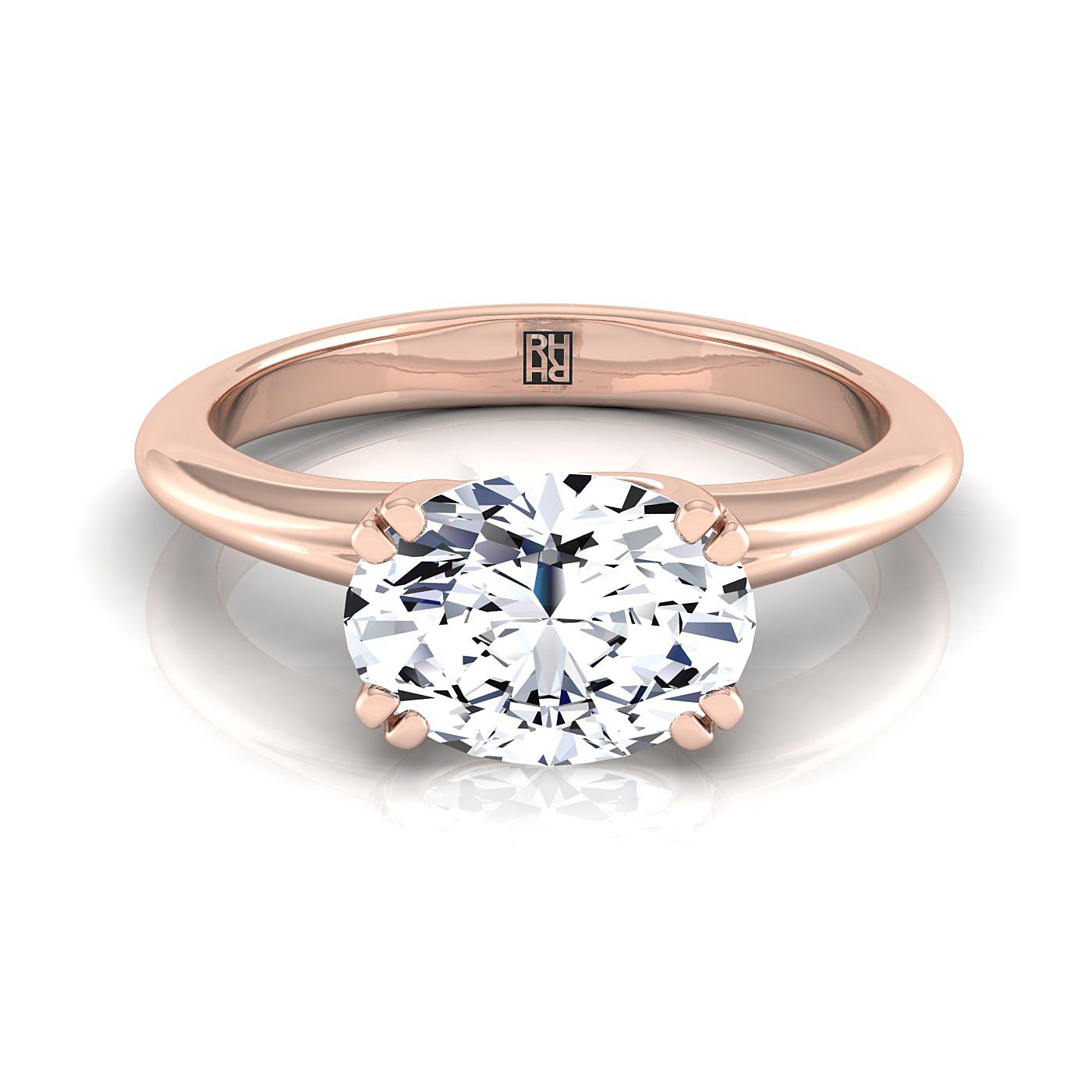 East-West Eight Claw Comfort Fit Solitaire Oval, in 14K Rose Gold, pave setting | RockHer