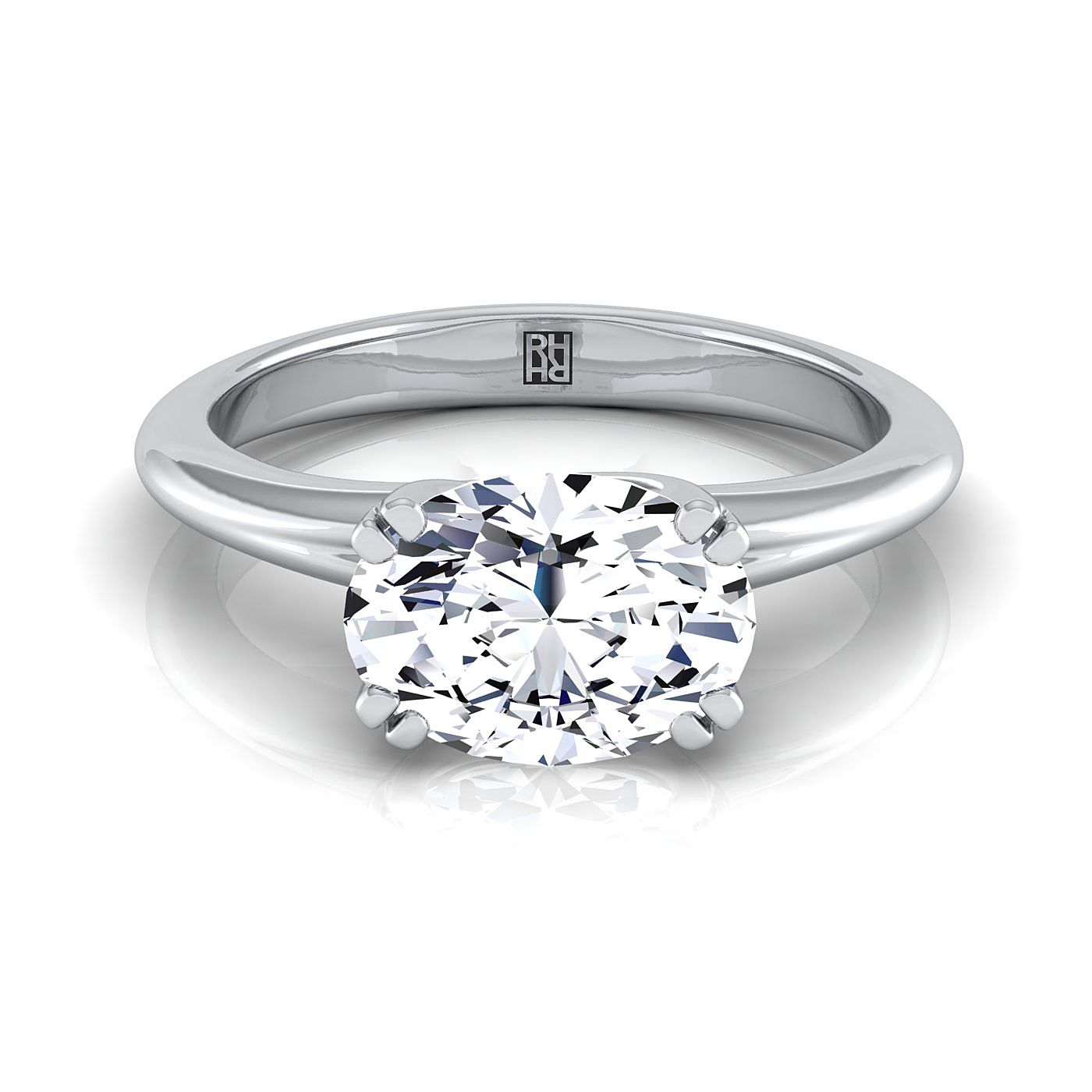 East-West Eight Claw Comfort Fit Solitaire Oval, in Platinum | RockHer