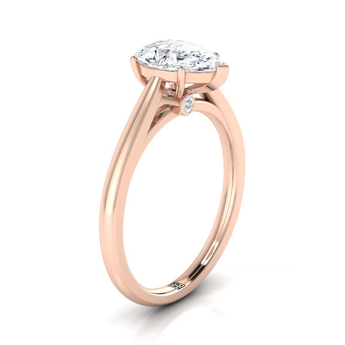 Comfort Fit Secret Stone Solitaire Pear Shape, in 14K Rose Gold, prong setting – side profile | RockHer