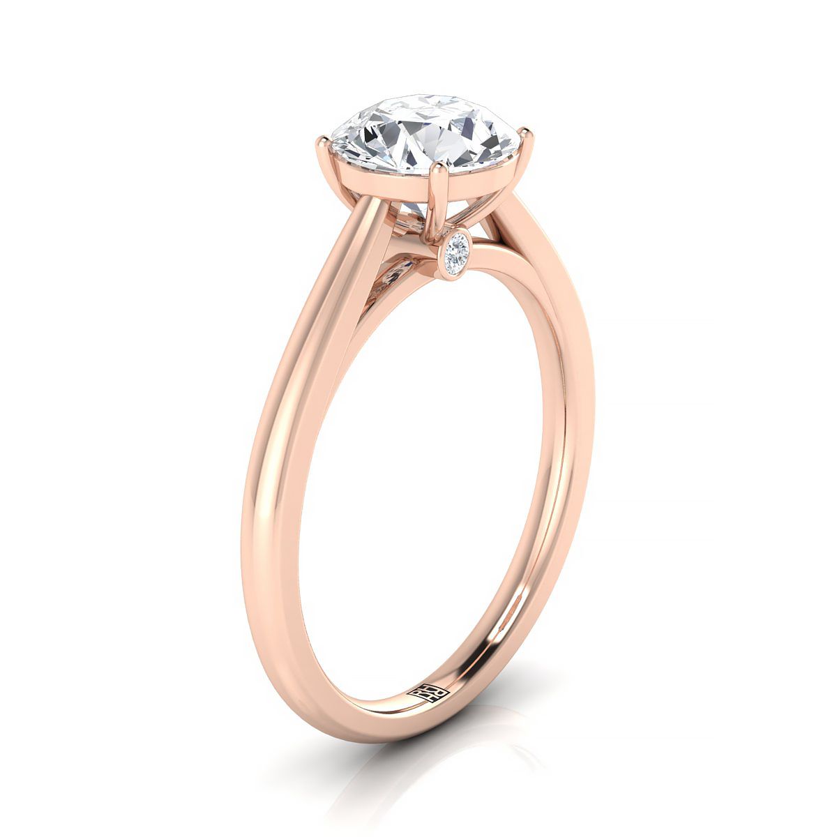 Round Brilliant, Comfort Fit Secret Stone Solitaire, in 14K Rose Gold, prong setting – side profile | RockHer