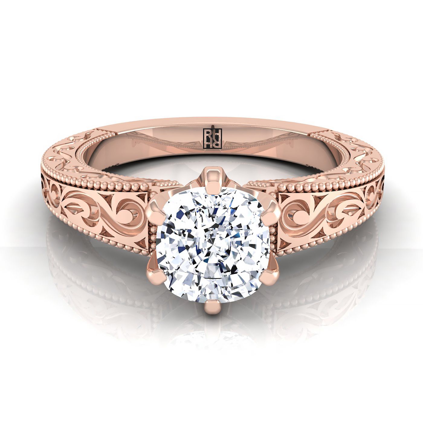 Hand-Engraved Scroll Vintage Solitaire Cushion, in 14K Rose Gold, prong setting | RockHer