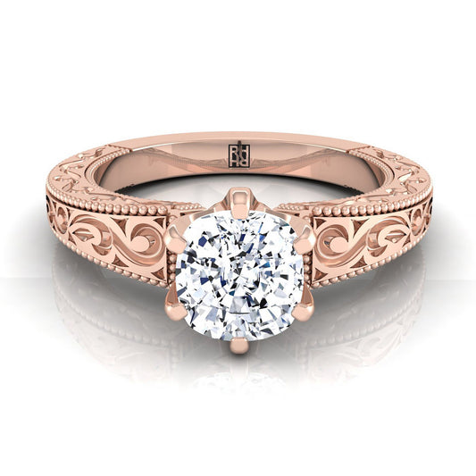 Hand-Engraved Scroll Vintage Solitaire Cushion Engagement Ring Setting in 14K Rose Gold