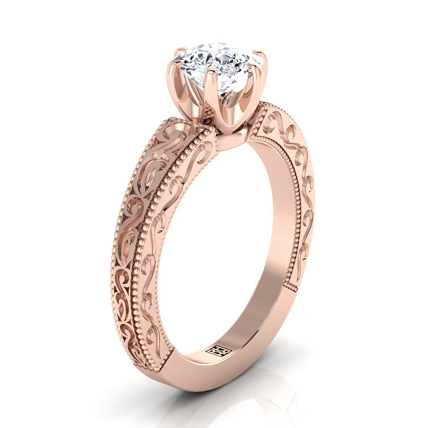 Hand-Engraved Scroll Vintage Solitaire Cushion, in 14K Rose Gold, prong setting – side profile | RockHer