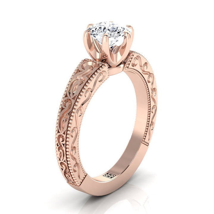Hand-Engraved Scroll Vintage Solitaire Cushion, in 14K Rose Gold, prong setting – side profile | RockHer