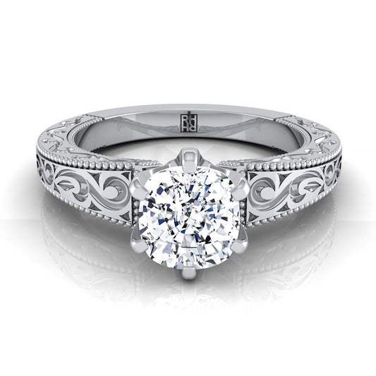 Hand-Engraved Scroll Vintage Solitaire Cushion, in 18K White Gold | RockHer