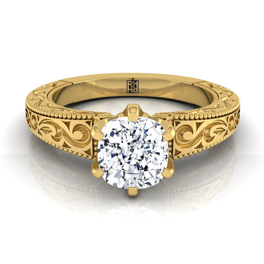 Hand-Engraved Scroll Vintage Solitaire Cushion, in 18K Yellow Gold | RockHer