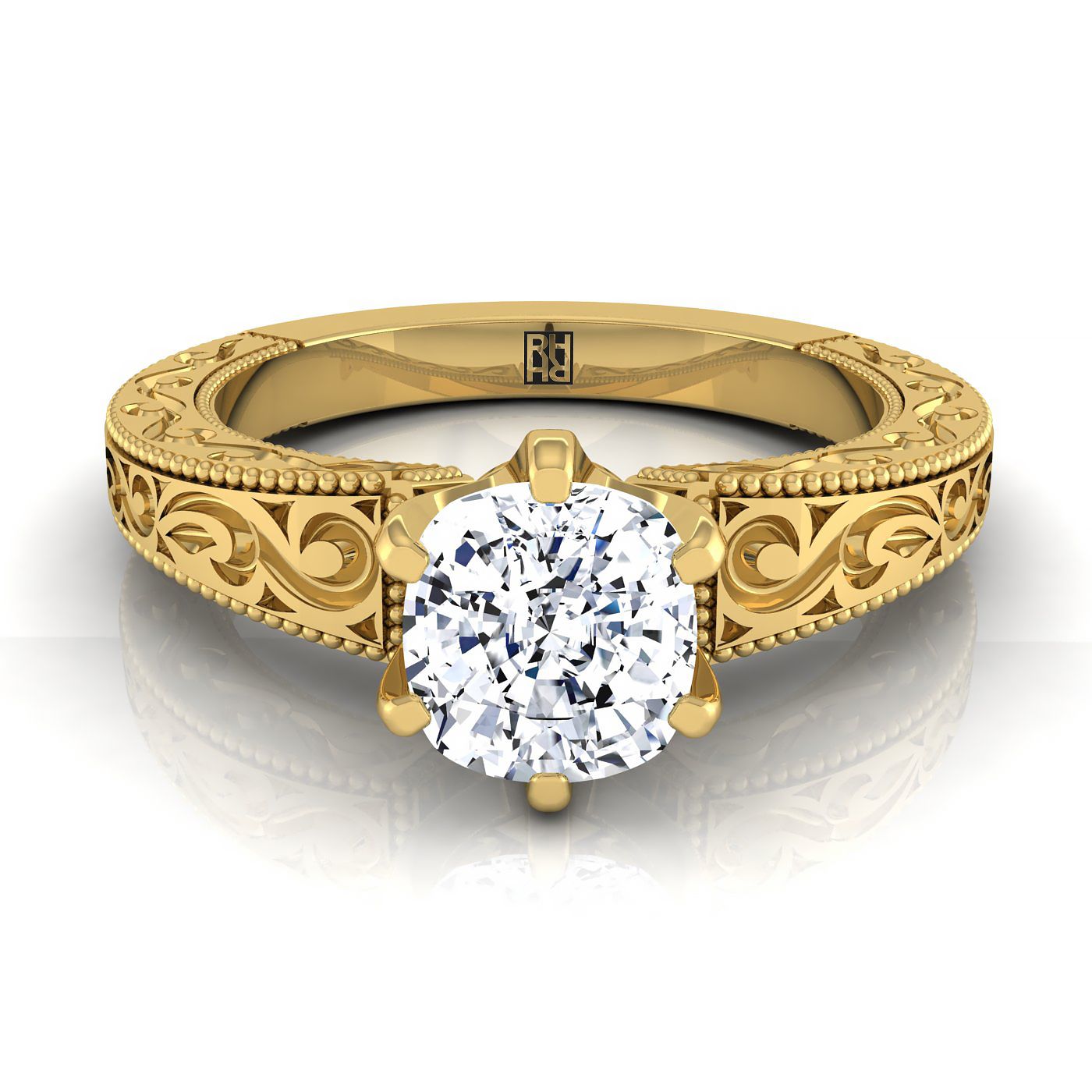 แหวนหมั้นเดี่ยววินเทจสลักลายมือรูปสี่เหลี่ยมเบาะทองคำเหลือง 18K