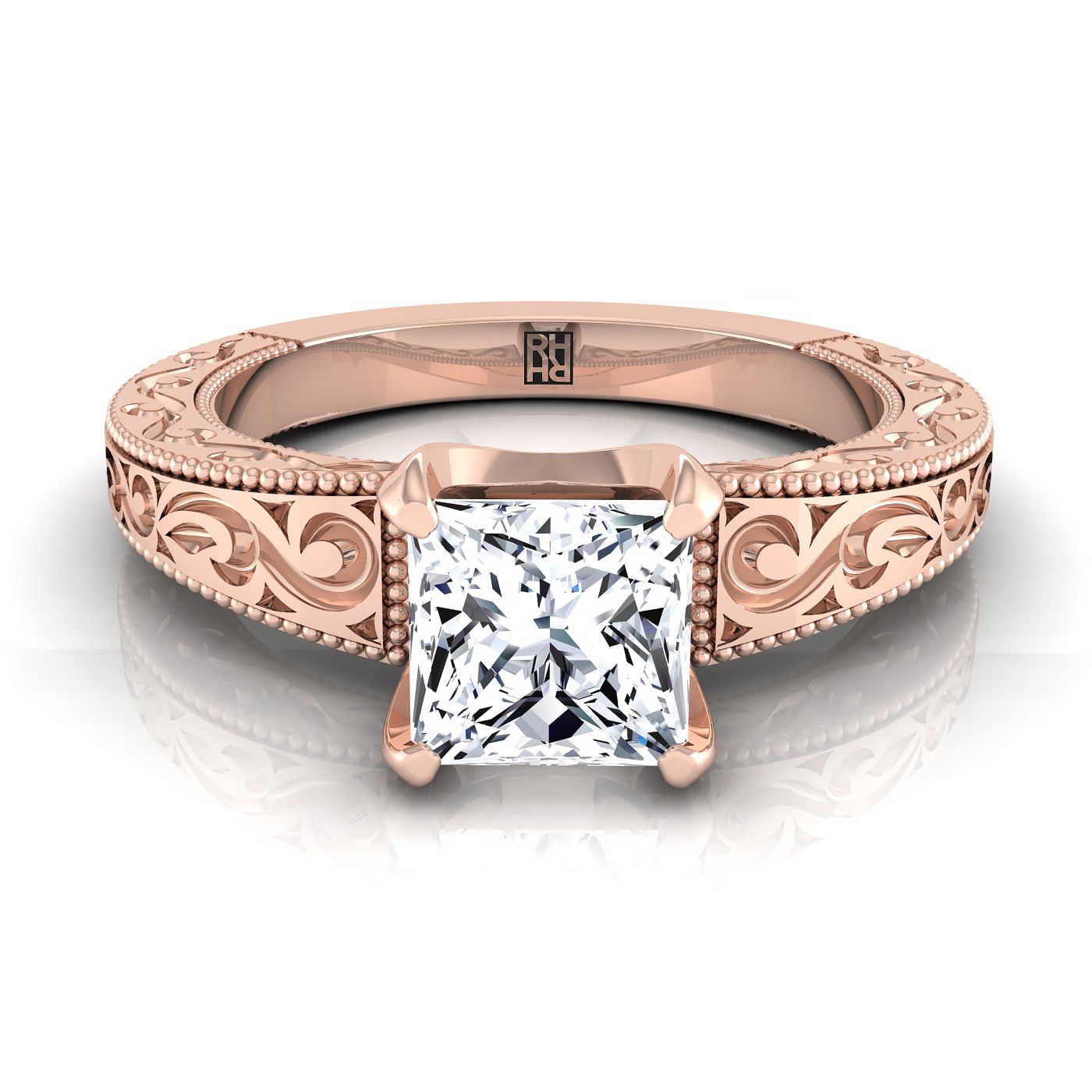 Hand-Engraved Scroll Vintage Solitaire Princess, in 14K Rose Gold, prong setting | RockHer