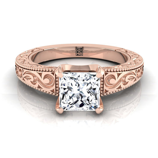 Hand-Engraved Scroll Vintage Solitaire Princess, in 14K Rose Gold, prong setting | RockHer