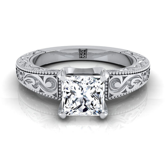 Hand-Engraved Scroll Vintage Solitaire Princess, in Platinum | RockHer