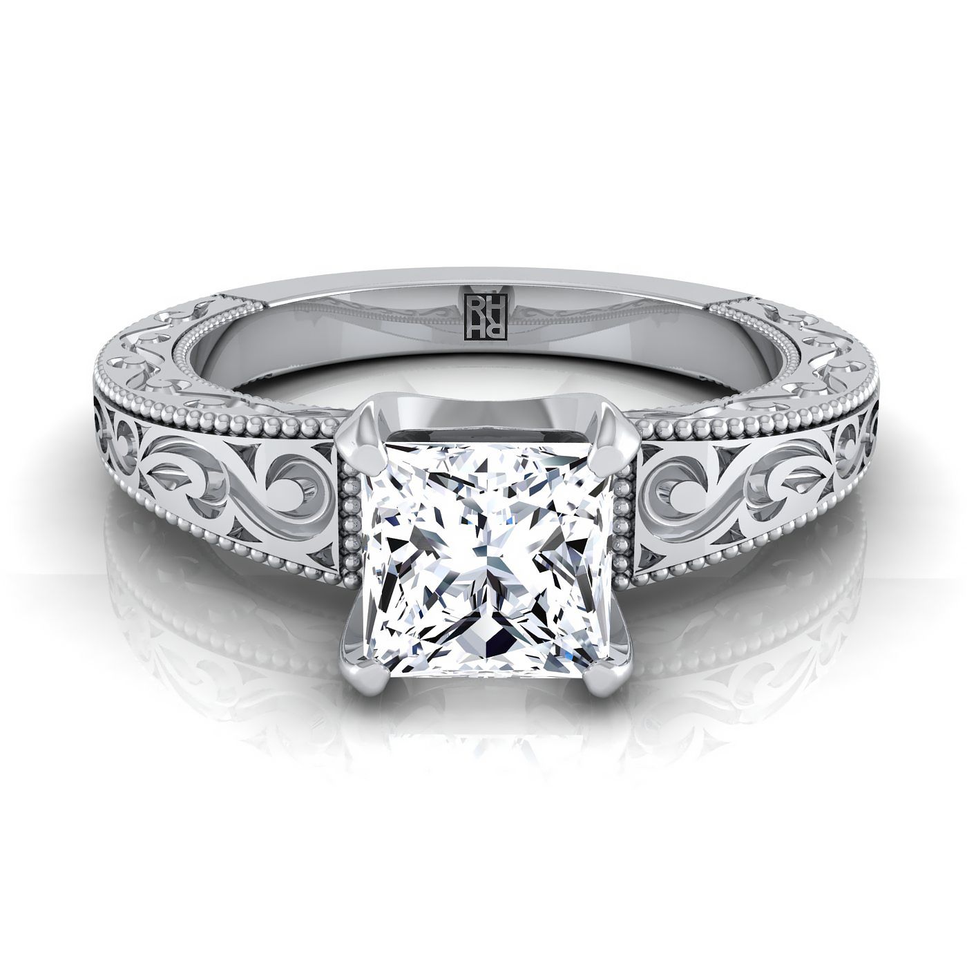 Hand-Engraved Scroll Vintage Solitaire Princess, in 18K White Gold | RockHer