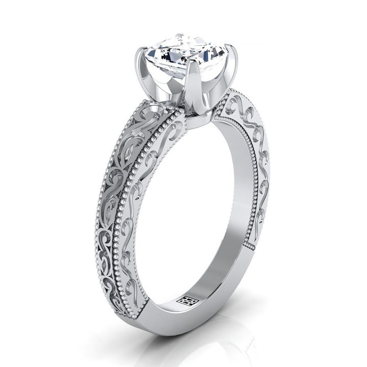 Hand-Engraved Scroll Vintage Solitaire Princess, in Platinum – side profile | RockHer