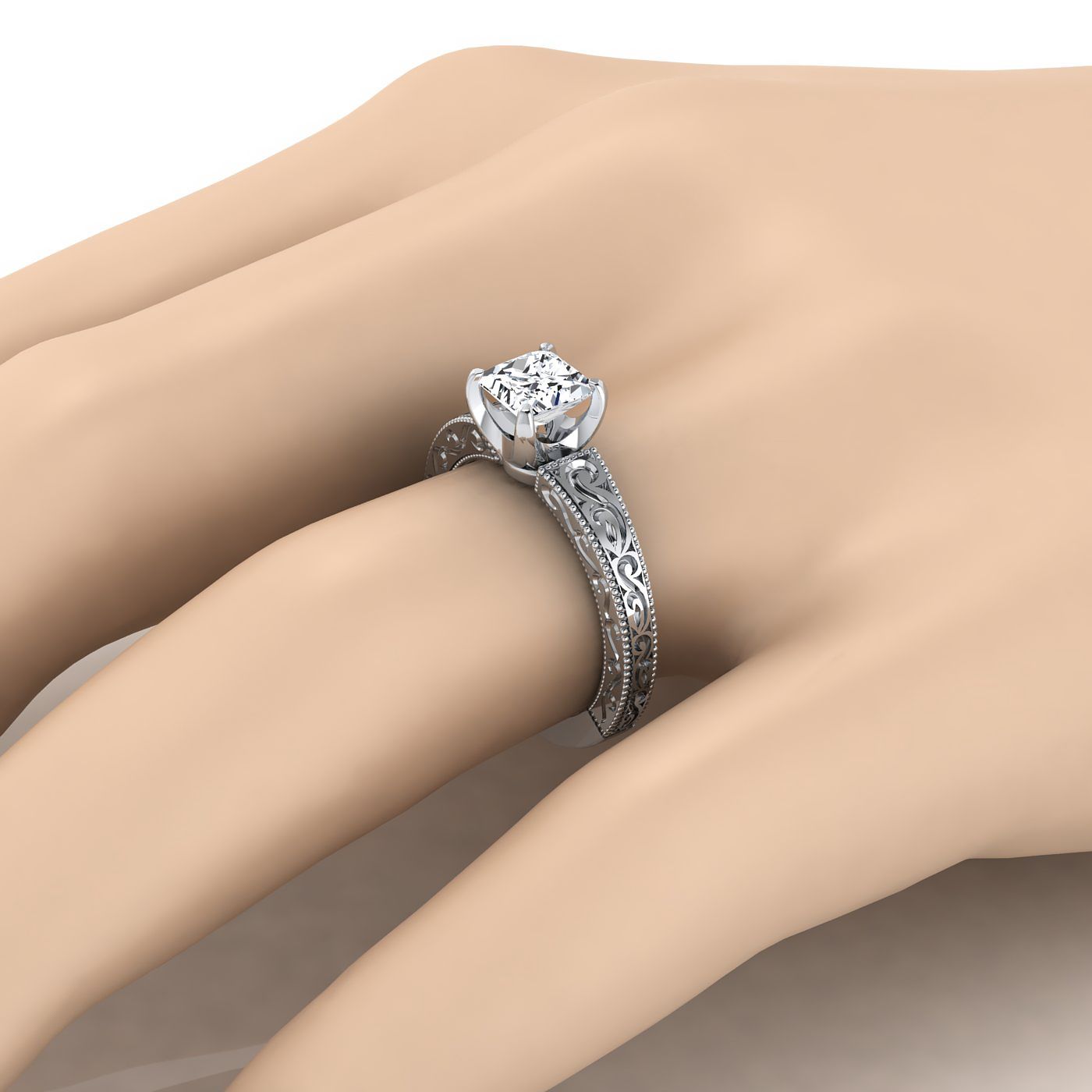 Hand-Engraved Scroll Vintage Solitaire Princess, in Platinum – detail view | RockHer