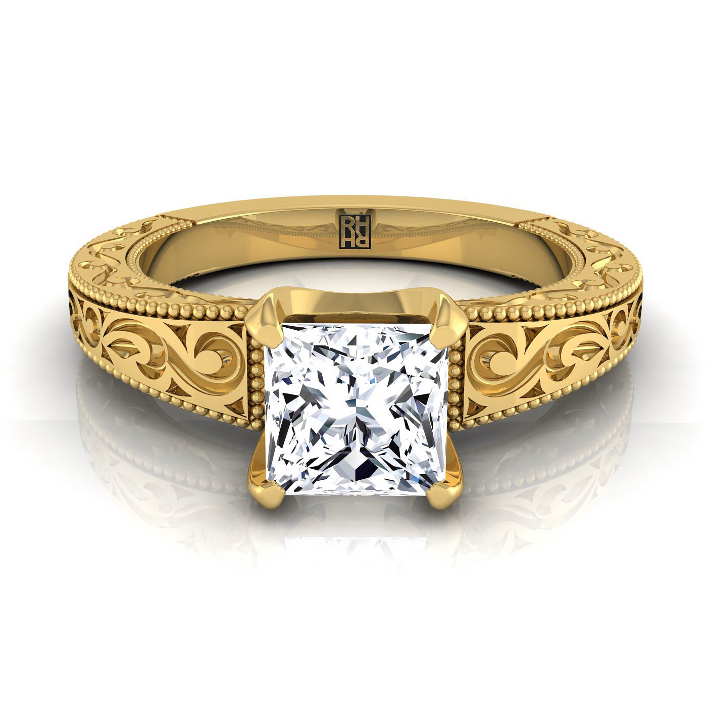 Hand-Engraved Scroll Vintage Solitaire Princess, in 18K Yellow Gold | RockHer