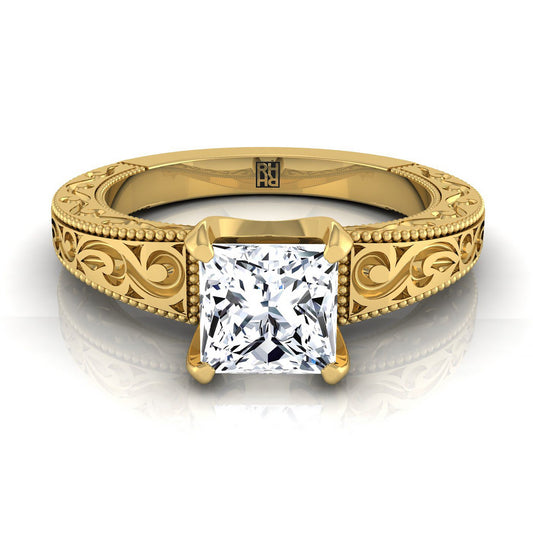 Hand-Engraved Scroll Vintage Solitaire Princess, in 18K Yellow Gold | RockHer