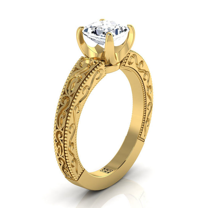 Hand-Engraved Scroll Vintage Solitaire Princess, in 18K Yellow Gold – side profile | RockHer