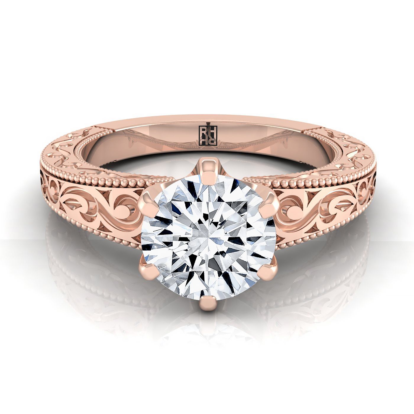 Round Brilliant, Hand-Engraved Scroll Vintage Solitaire Round, in 14K Rose Gold, prong setting | RockHer