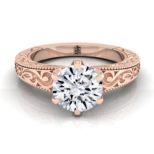 Round Brilliant, Hand-Engraved Scroll Vintage Solitaire Round, in 14K Rose Gold, prong setting | RockHer