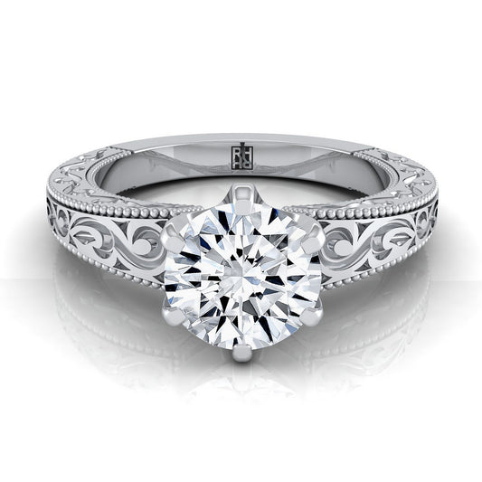 Platinum Round Brilliant Hand Engraved Scroll Vintage Solitaire Engagement Ring
