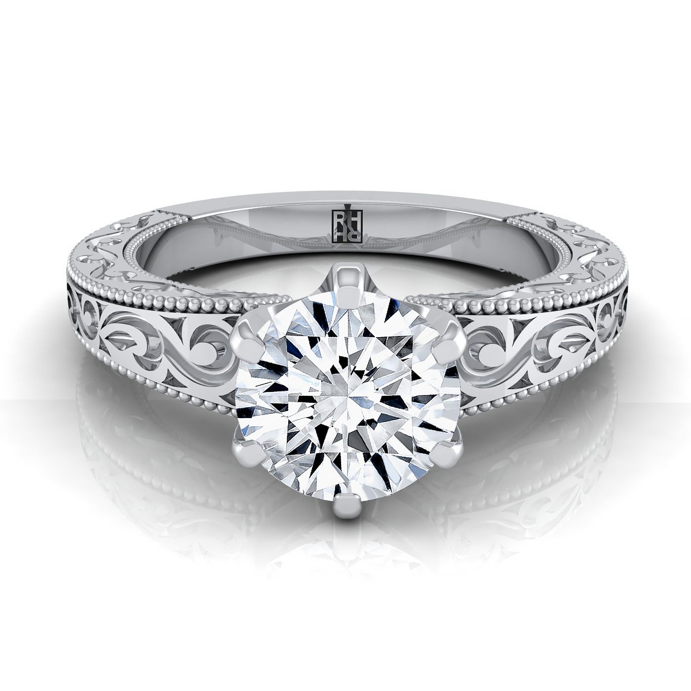 Round Brilliant, Hand-Engraved Scroll Vintage Solitaire, in 18K White Gold | RockHer