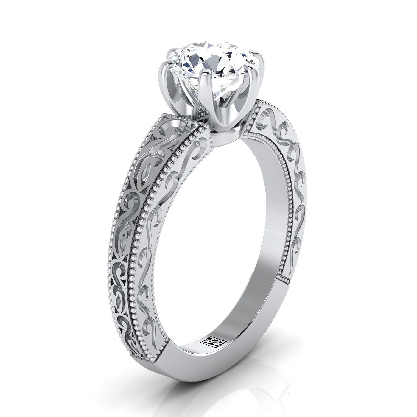 Round Brilliant, Hand-Engraved Scroll Vintage Solitaire, in 18K White Gold – side profile | RockHer