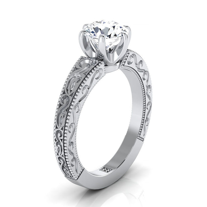 Round Brilliant, Hand-Engraved Scroll Vintage Solitaire, in 18K White Gold – side profile | RockHer