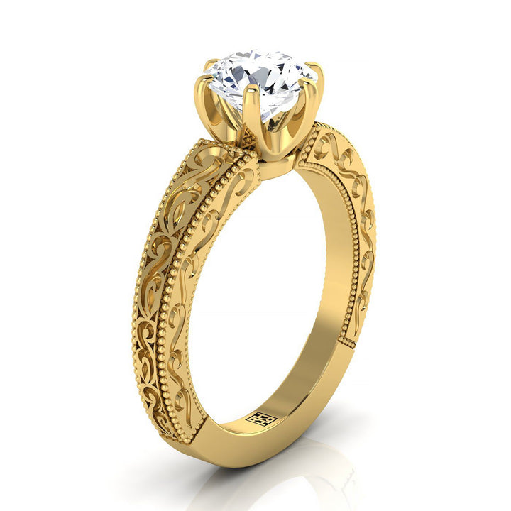 แหวนหมั้นเดี่ยววินเทจทองคำเหลือง 14K แบบกลมเจียระไนประกายมือแกะสลักลายม้วน