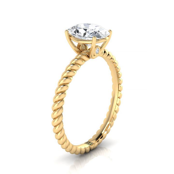 18K Yellow Gold Oval Diamond Twisted Rope Solitaire With Surprise Stone Engagement Ring
