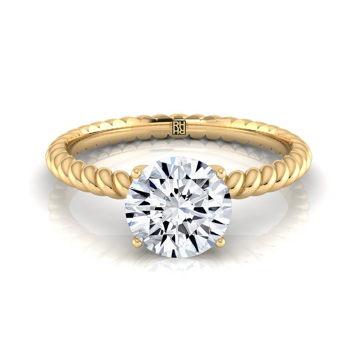 18K Yellow Gold Round Brilliant Diamond Twisted Rope Solitaire With Surprise Stone Engagement Ring