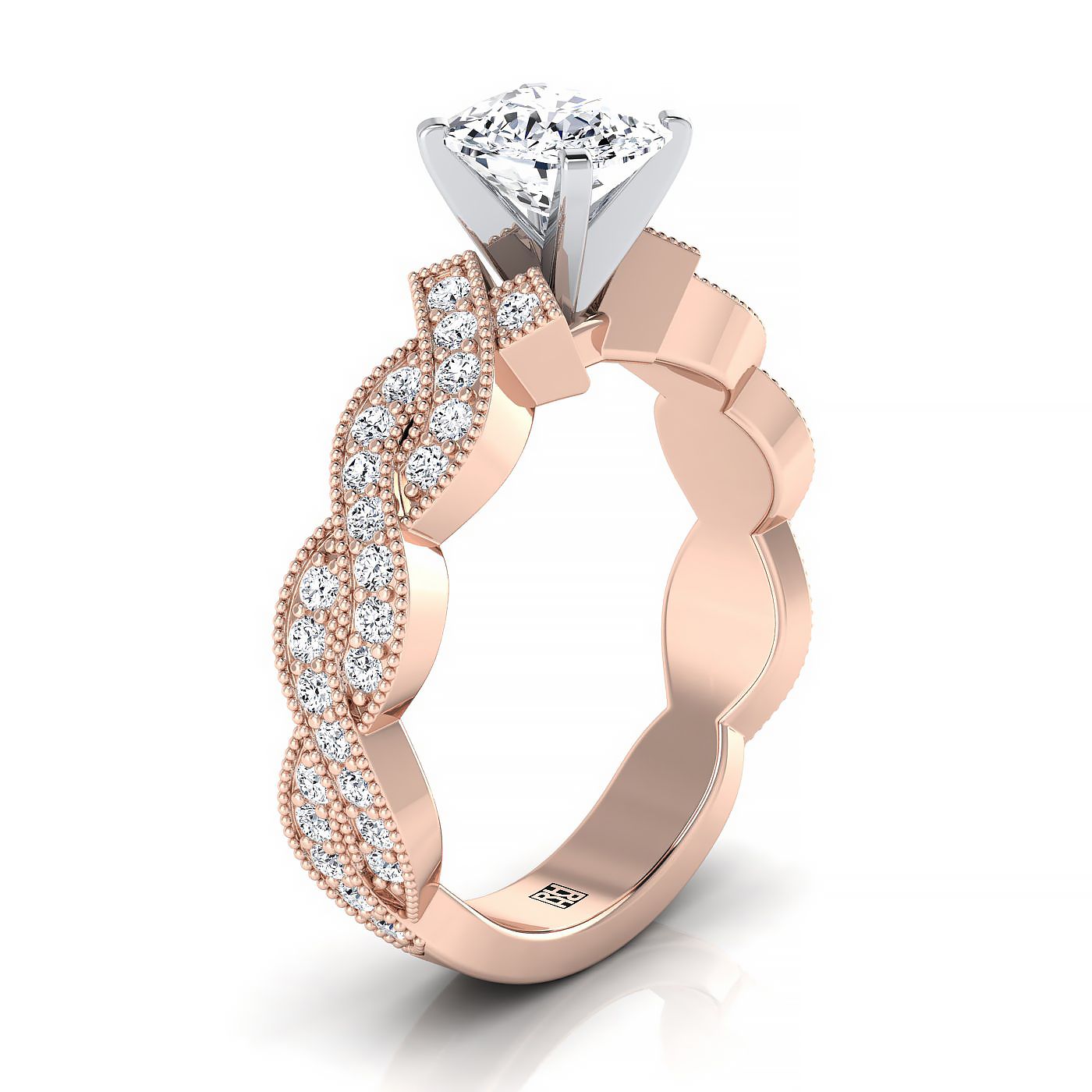 Cushion, Criss Cross Beaded Pavé, in 14K Rose Gold, pave setting – view 9 | RockHer