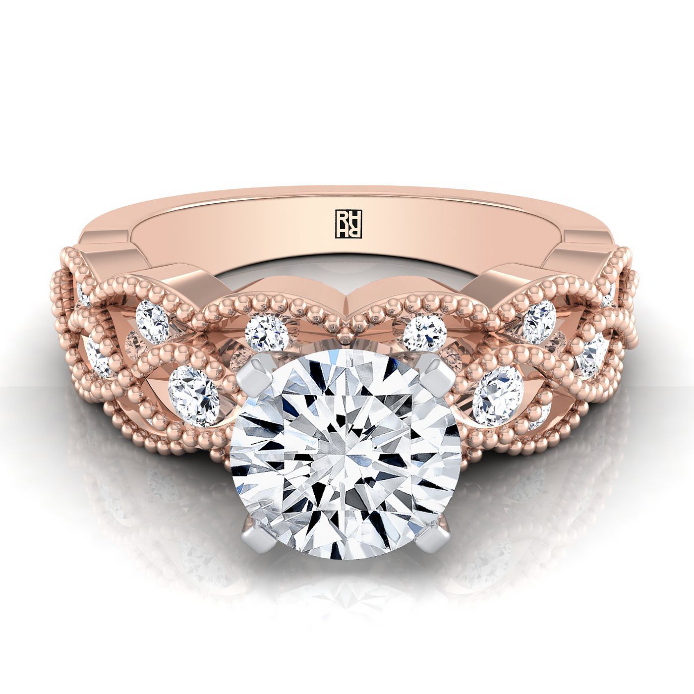 Round Brilliant, Antique Beaded Scalloped Twist Solitaire, in 14K Rose Gold, pave setting – view 8 | RockHer