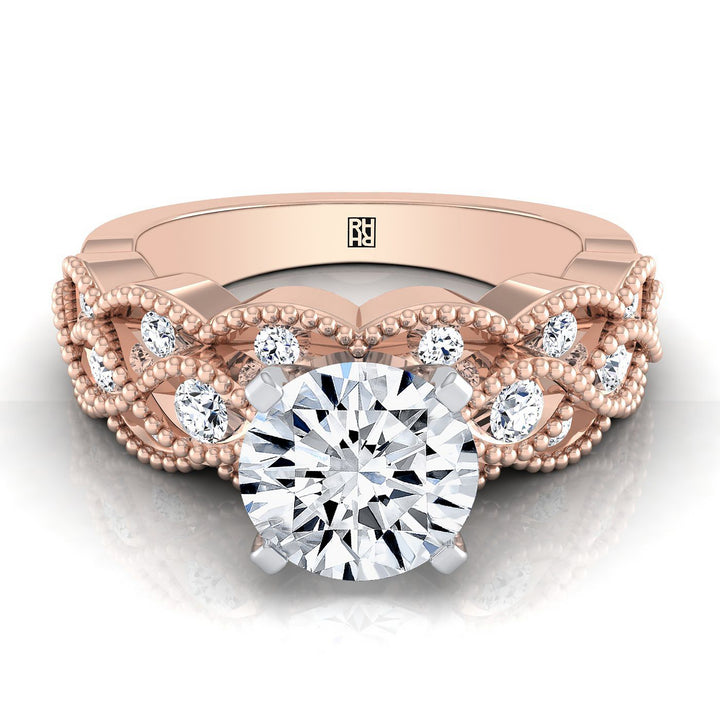 Round Brilliant, Antique Beaded Scalloped Twist Solitaire, in 14K Rose Gold, pave setting – view 8 | RockHer