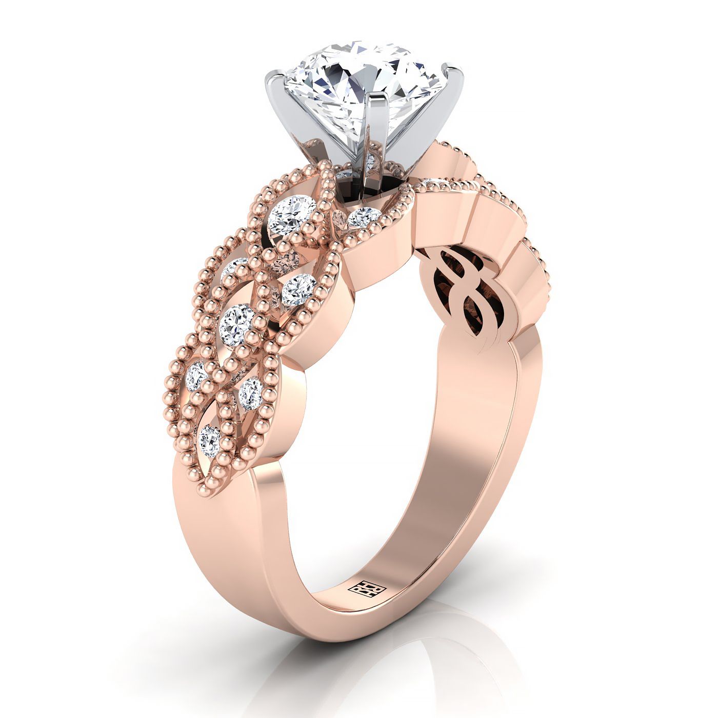 Round Brilliant, Antique Beaded Scalloped Twist Solitaire, in 14K Rose Gold, pave setting – view 9 | RockHer