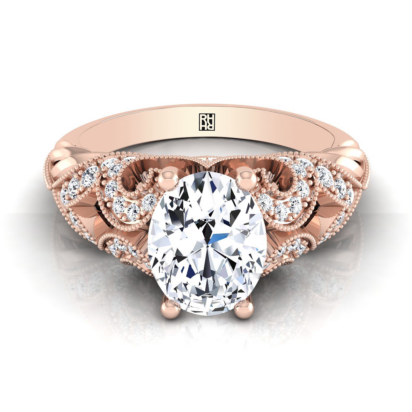 Antique Scroll Bead Vintage Oval, in 14K Rose Gold, pave setting | RockHer