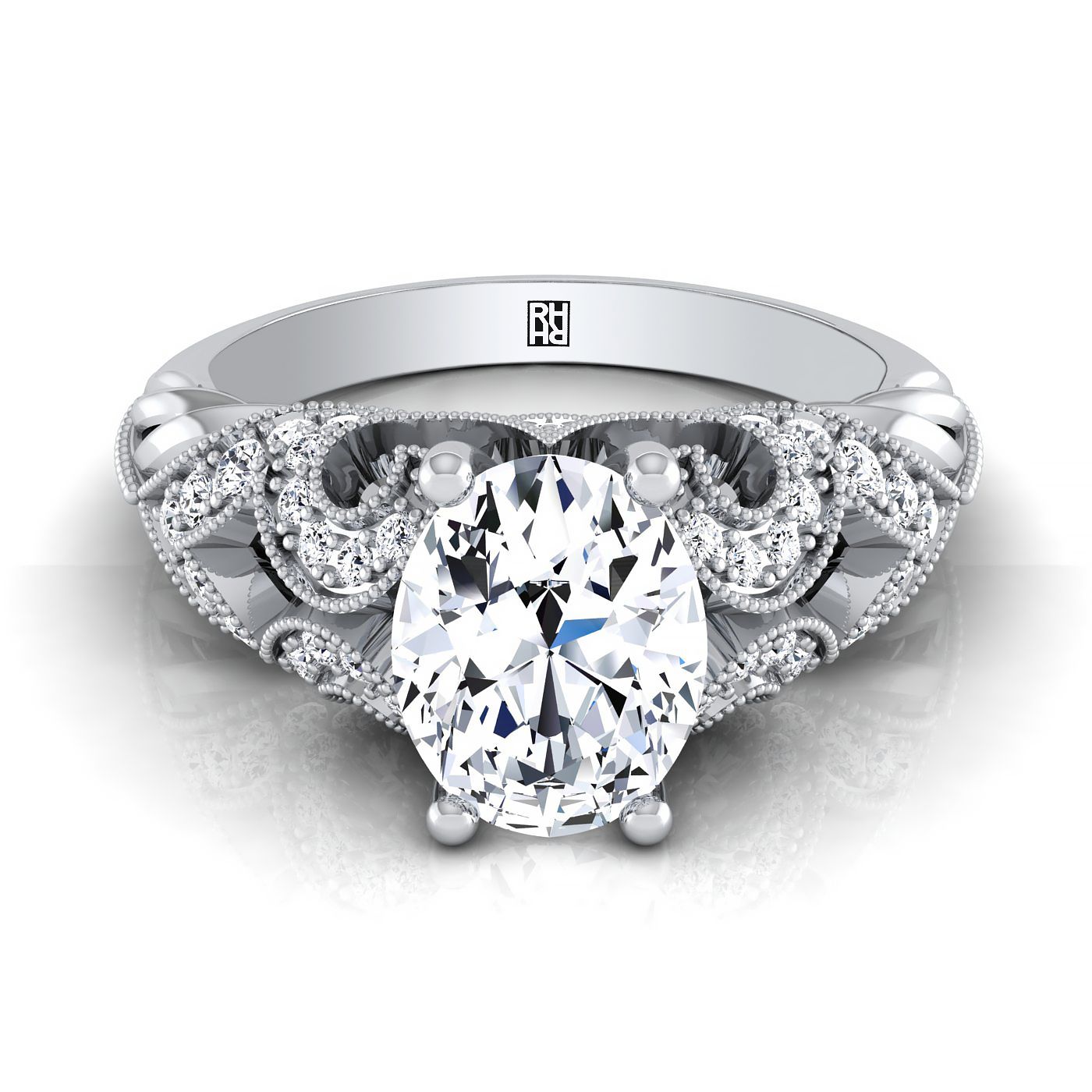 แหวนหมั้นเพชรเม็ดเดี่ยวทรงวงรีทองคำขาว 14K พร้อมลวดลายม้วนเปิดสวยงามและเม็ดลูกปัดโบราณ - 1/3 กะรัตรวม