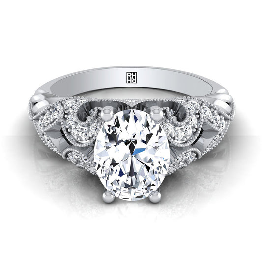 แหวนหมั้นเพชรเม็ดเดี่ยวทรงวงรีทองคำขาว 14K พร้อมลวดลายม้วนเปิดสวยงามและเม็ดลูกปัดโบราณ - 1/3 กะรัตรวม