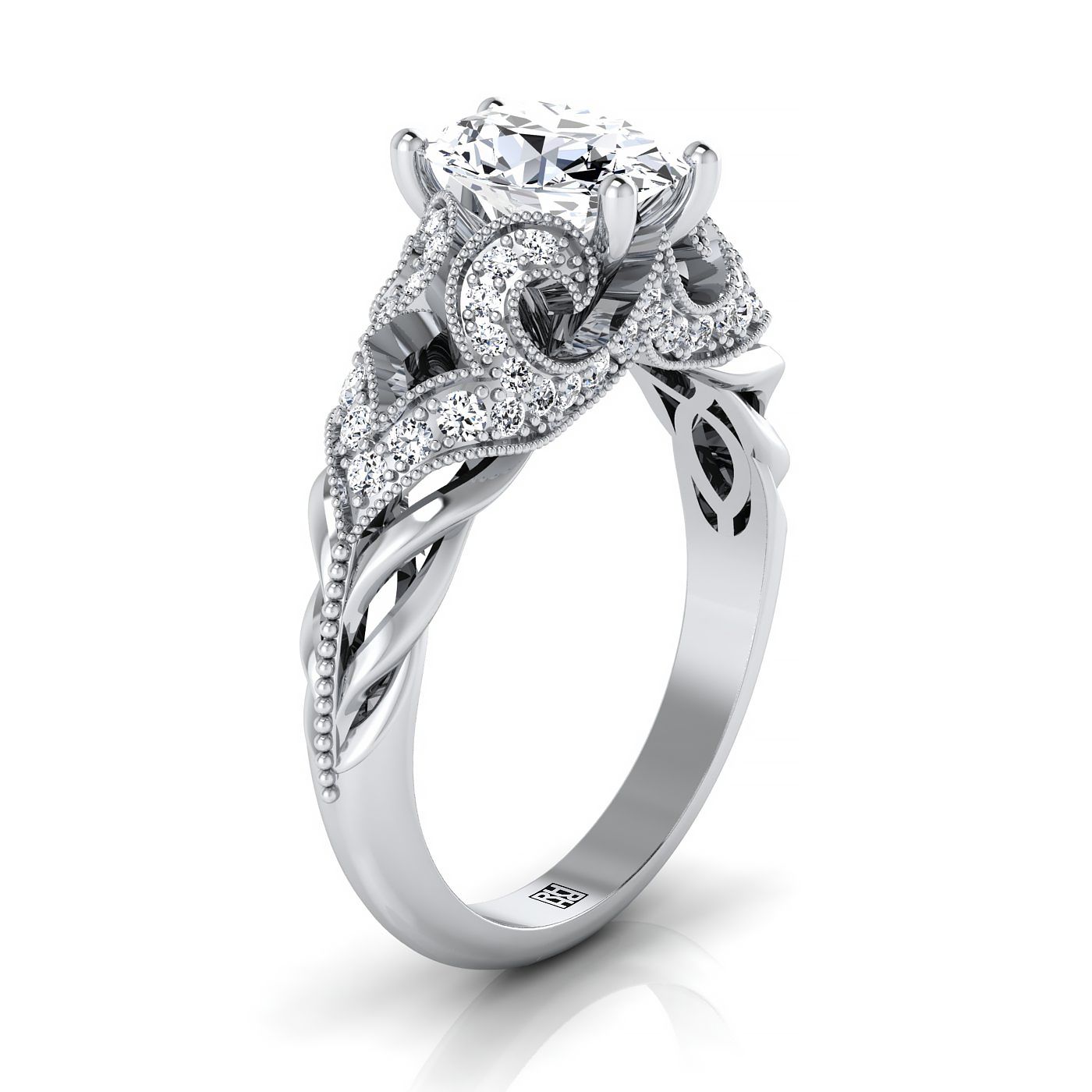 แหวนหมั้นเพชรเม็ดเดี่ยวทรงวงรีทองคำขาว 14K พร้อมลวดลายม้วนเปิดสวยงามและเม็ดลูกปัดโบราณ - 1/3 กะรัตรวม