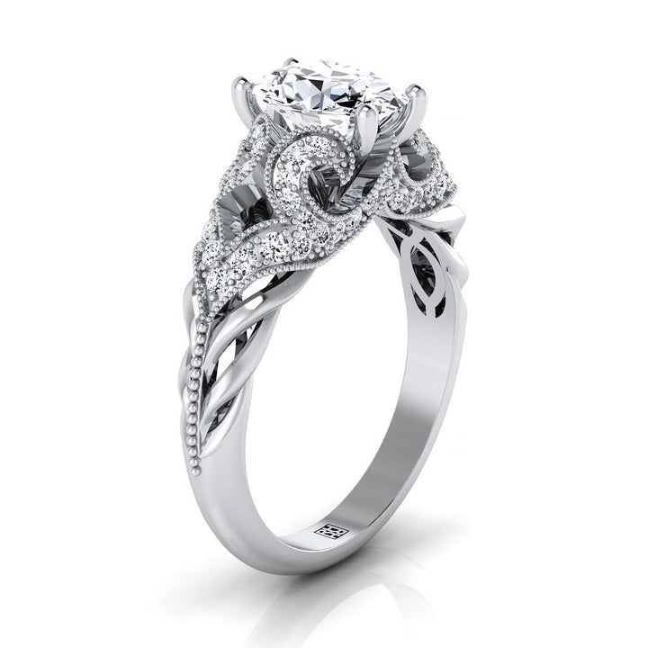 แหวนหมั้นเพชรเม็ดเดี่ยวทรงวงรีทองคำขาว 14K พร้อมลวดลายม้วนเปิดสวยงามและเม็ดลูกปัดโบราณ - 1/3 กะรัตรวม