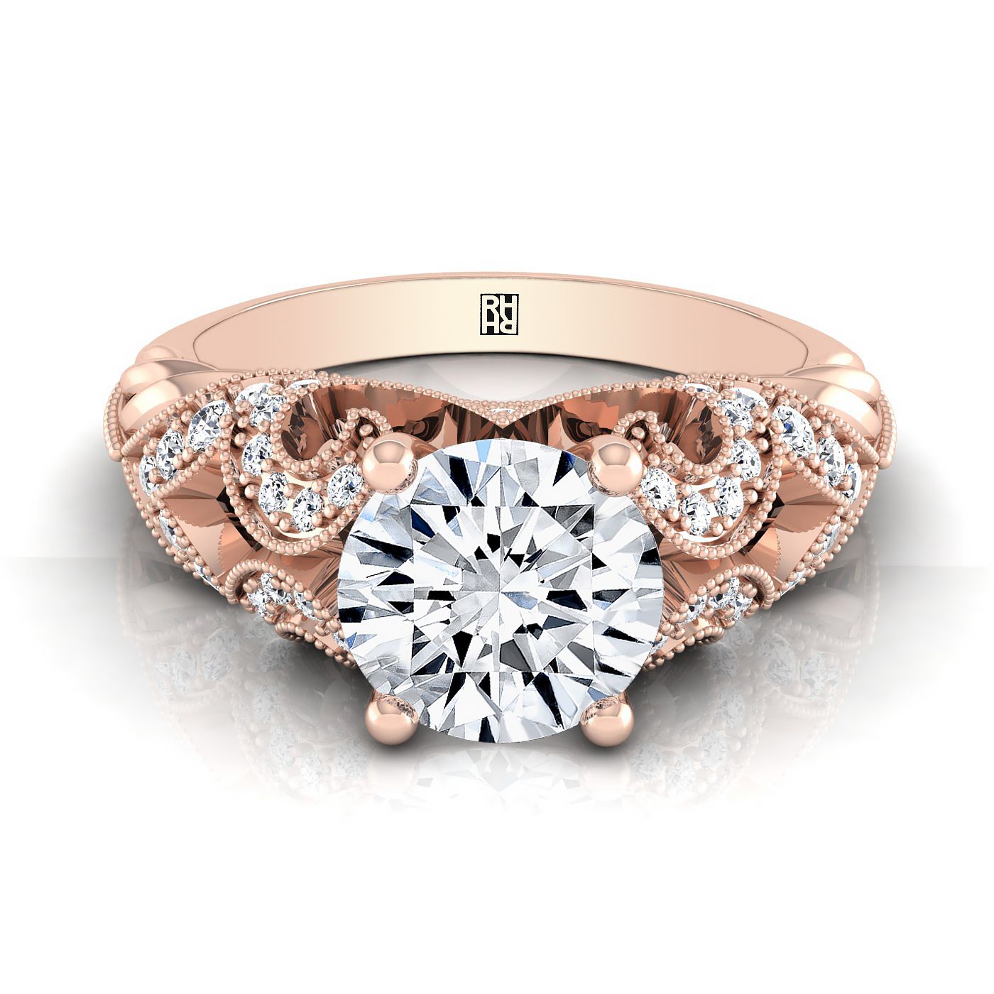 Round Brilliant, Antique Scroll Bead Vintage, in 14K Rose Gold, pave setting | RockHer