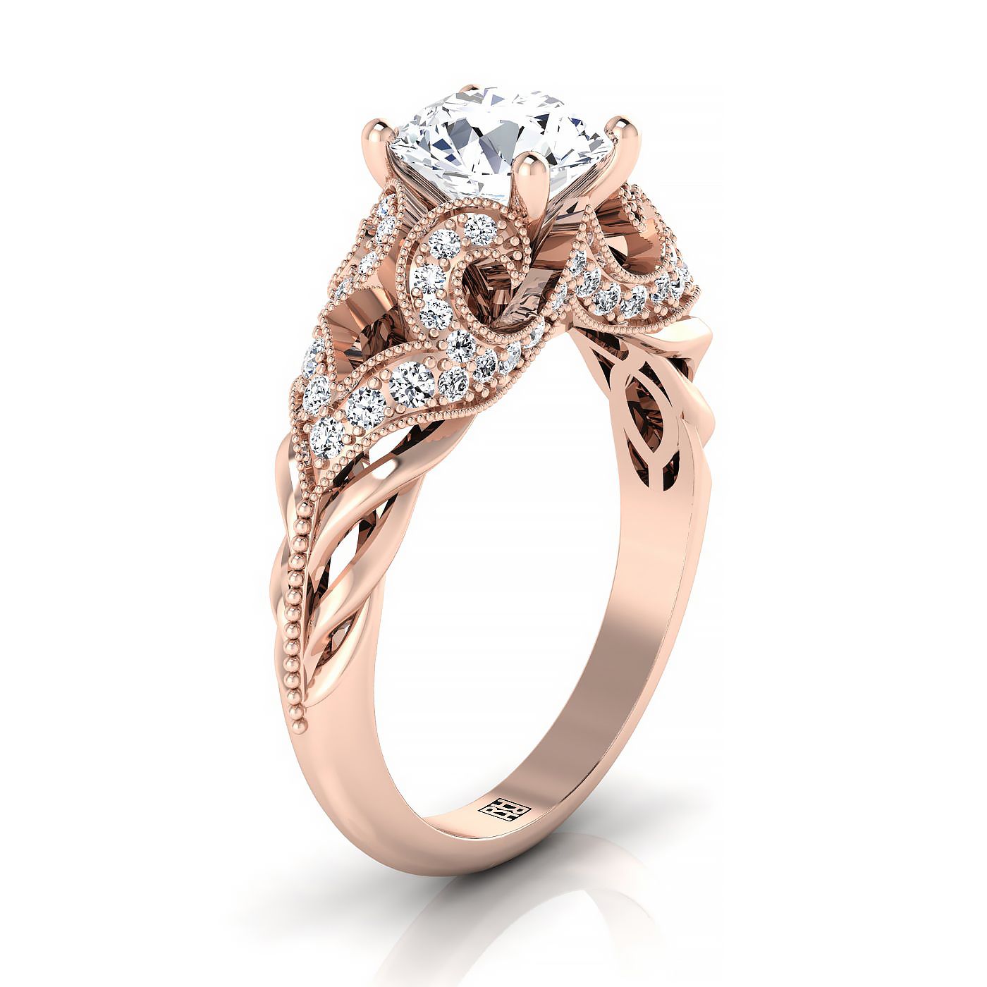 Round Brilliant, Antique Scroll Bead Vintage, in 14K Rose Gold, pave setting – side profile | RockHer